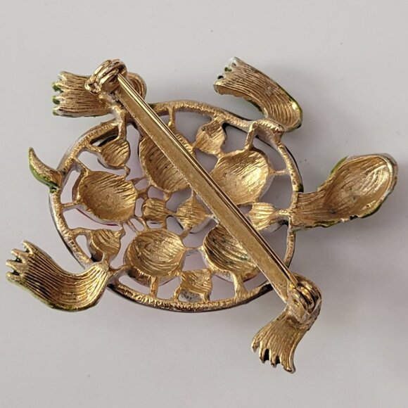 VTG Turtle Brooch Red Cabochon Shell Green Enamel Gold Tone Figural Tortoise Pin - Picture 3 of 8